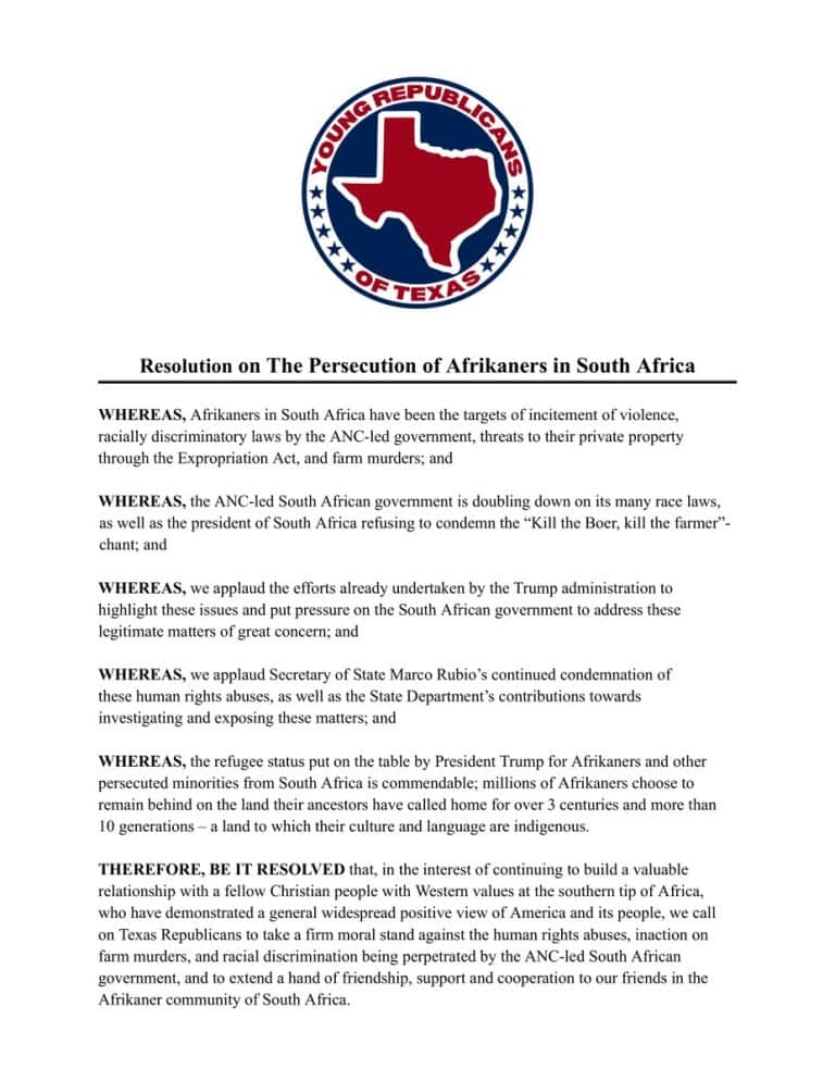 AfriForum Youth welcomes Young Republicans of Texas’ resolution on Afrikaner community